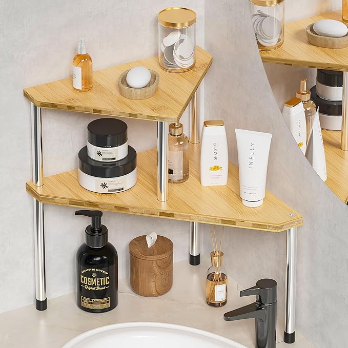 2-Tier Bamboo Bathroom Corner Counter Shelf price
